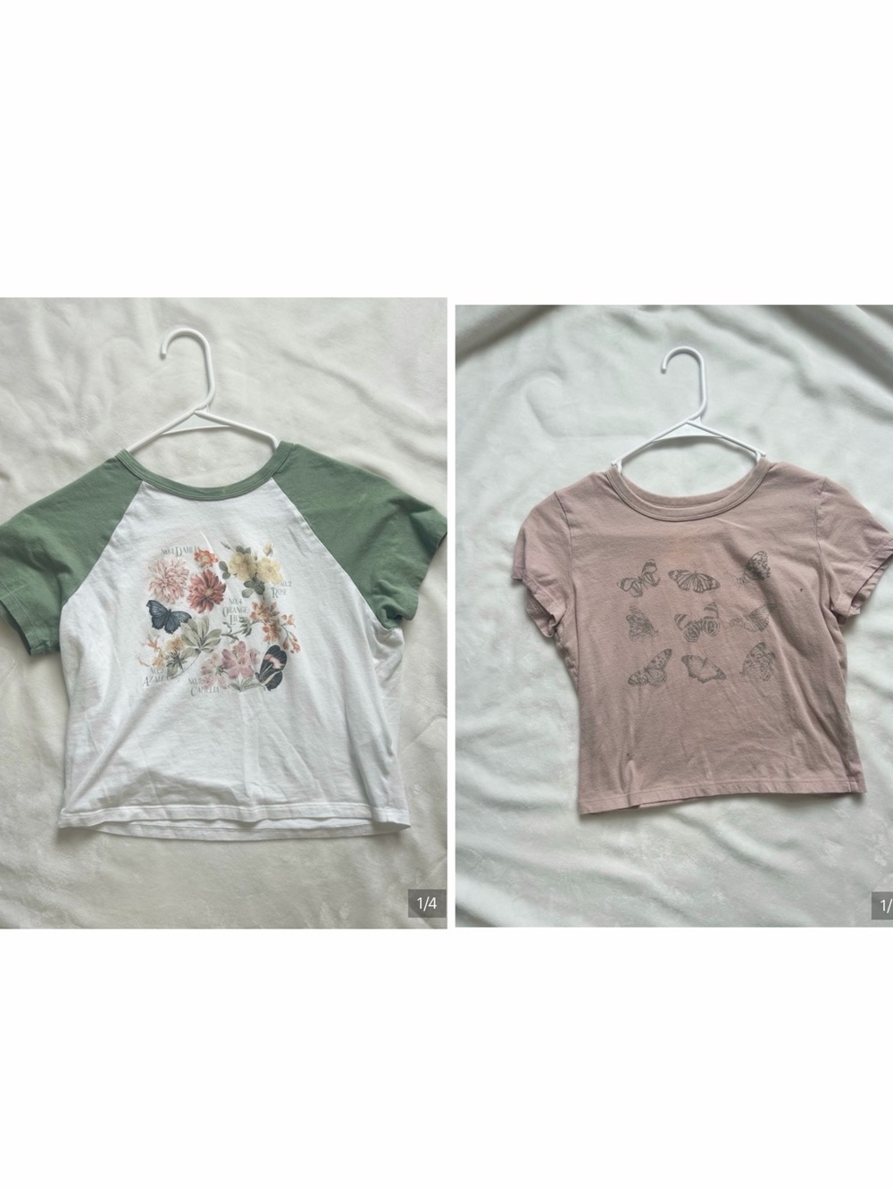 Hollister White Crop Tee with Green Raglan Sleeves and Floral Butterfly Print